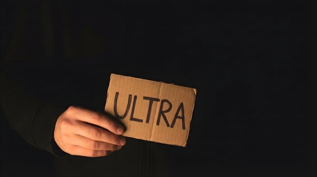 Hand holding a cardboard sign with ultra written in dark moody lighting for concept and marketing