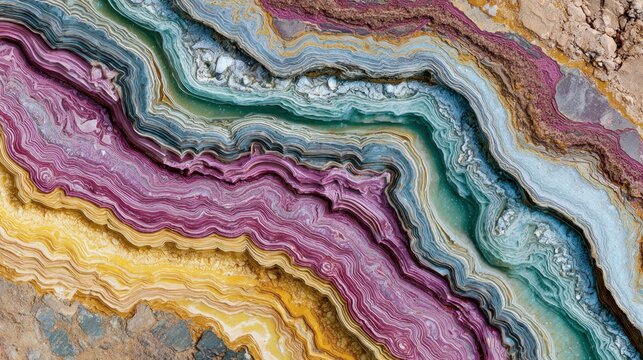 Abstract geological layers of colorful rock formations with intricate patterns