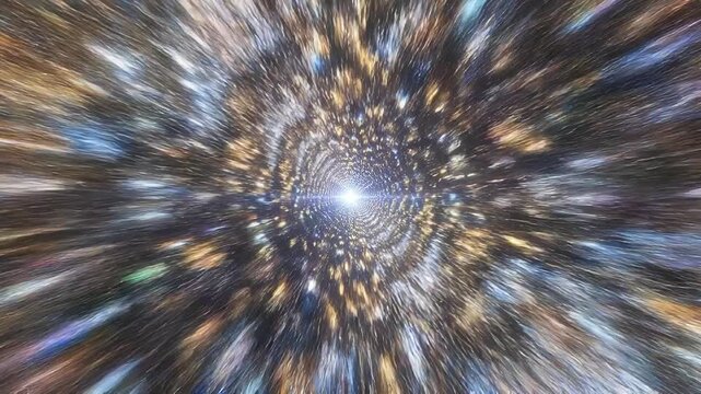 First person hyperspeed flight through tunnel concept. Abstract cosmic tunnel with glowing light and swirling golden galaxy particles in space