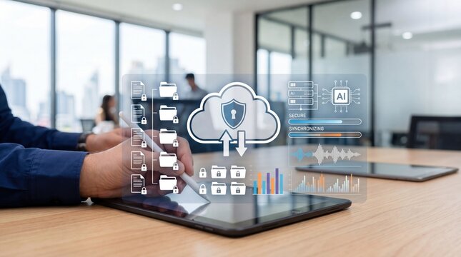 Secure cloud computing and data synchronization on tablet device, cyber security protection and file management in modern office