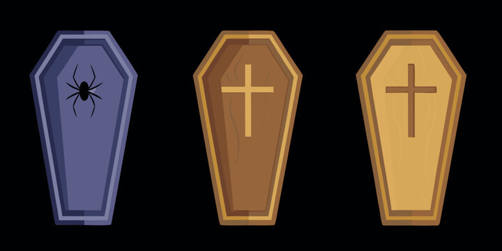 Three stylized coffins with decorative elements vector illustration