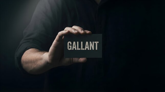 Man holding dark business card with gallant word displayed in moody dramatic lighting
