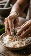 Fototapeta premium Hands preparing traditional food with shredded coconut in rustic bowl on wooden table