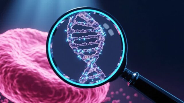 Magnifying glass focused on a DNA strand, symbolizing scientific research and genetic discovery in biotechnology