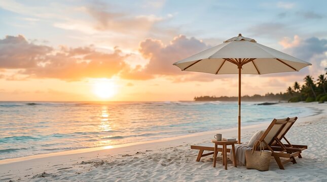 Luxury Beach Lounge Chairs at Golden Hour Sunset