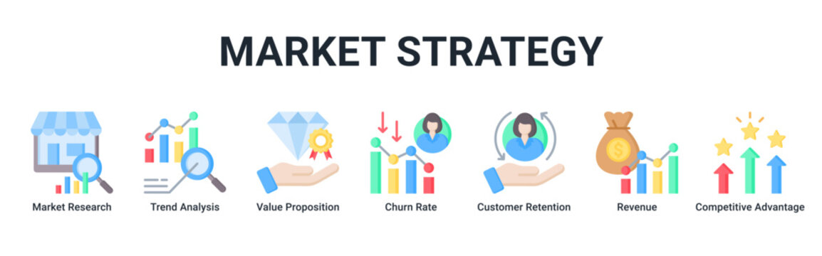 Market Strategy web banner icon vector illustration with Market Research, Trend Analysis, Value Proposition, Churn Rate, Customer Retention, Revenue and Competitive Advantage