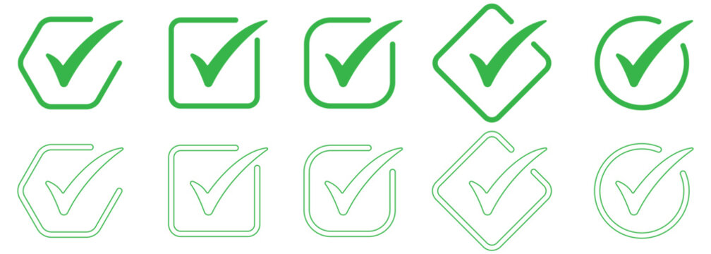 Green checkmark icons in different shapes and styles for approval and confirmation green tick symbols for correct and right answers on white background. EPS 10.