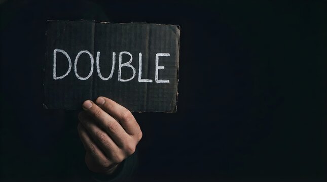 Hand holding a chalkboard sign with the word double written in white chalk against a dark moody background