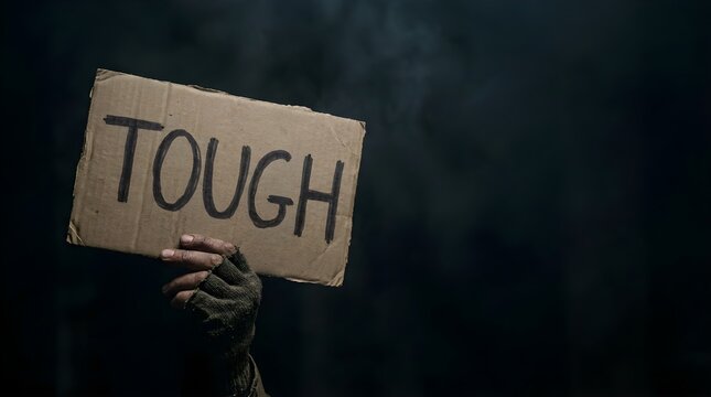 Person holding rough cardboard sign with tough text against dark moody foggy background for social concept