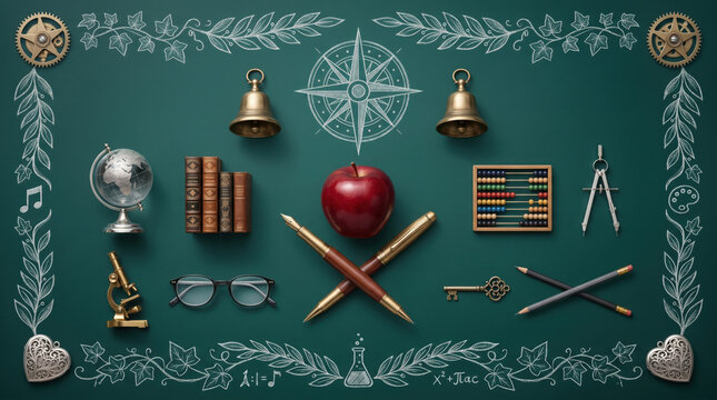 Flat lay of vintage school supplies and educational tools arranged on a dark generated using ai