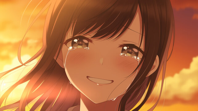 Anime girl crying with tears running down face while smiling under warm golden sunset light, emotional happy sad character