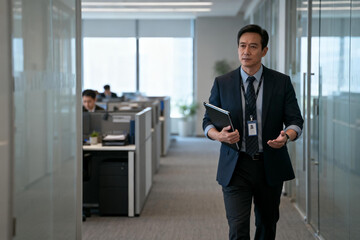 Fototapeta premium Businessman carrying laptop walking through modern office corridor with cubicles