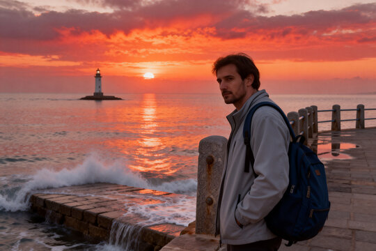 Person with backpack standing on pier at sunset near lighthouse and ocean waves