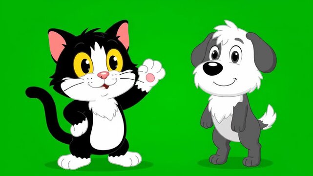 Cute cartoon cat and dog characters waving hello on a vibrant green background, perfect for children's content.