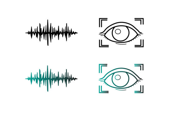 The image features a 2x2 grid of minimalist line-art icons on a white background, representing sensory data and recognition technology.