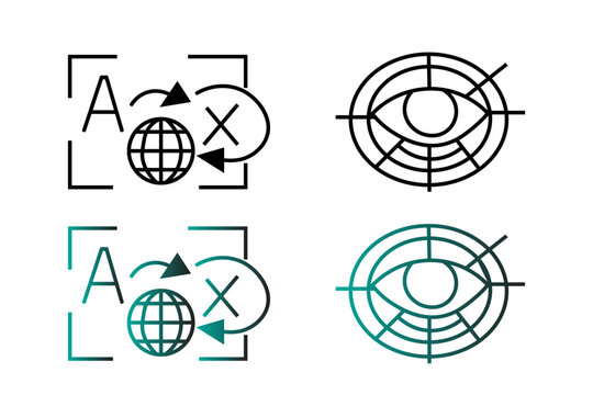 The image features a 2x2 grid of minimalist line-art icons on a white background, representing automated translation and biometric eye tracking technology.