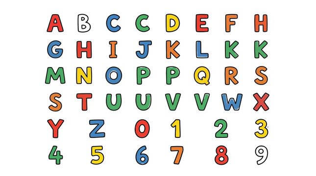 Colorful vector illustration featuring a set of uppercase alphabet letters and basic numerical digits isolated