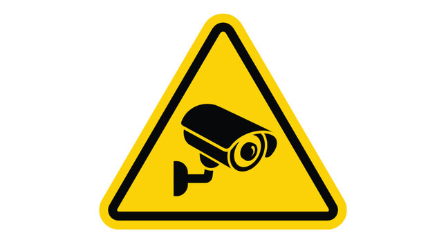 Black security camera icon centered inside a bright yellow triangular hazard sign isolated on a clean white background for modern surveillance and safety warning graphic design