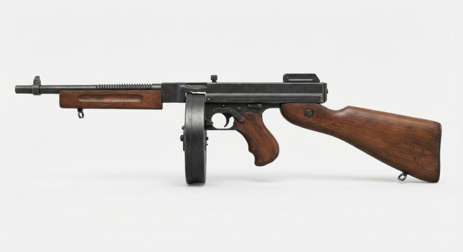 Vintage submachine gun with wooden grip and metal components