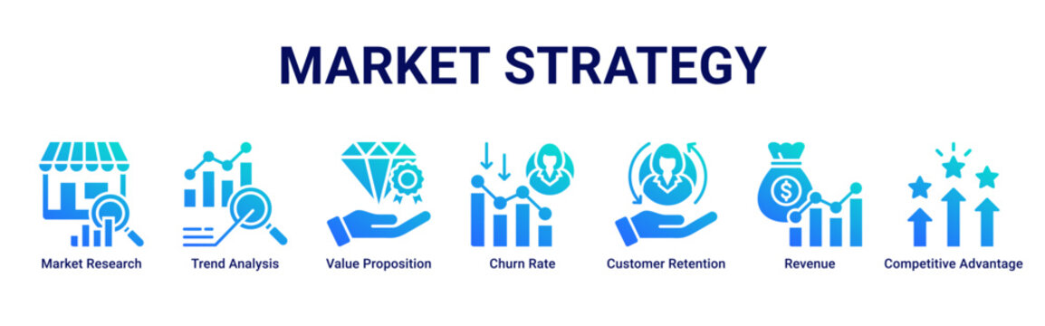 Market Strategy web banner icon vector illustration with Market Research, Trend Analysis, Value Proposition, Churn Rate, Customer Retention, Revenue and Competitive Advantage