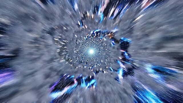 First person hyperspeed flight through tunnel concept. Abstract cosmic explosion with bright blue light and swirling energy in space background