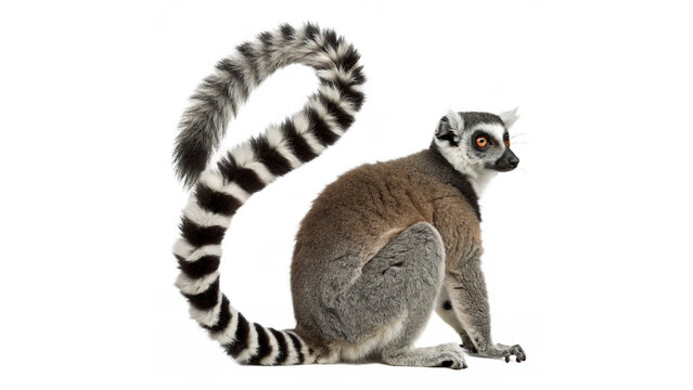 Beautiful wild ring tailed lemur animal sitting full length profile isolated on transparent background cut out