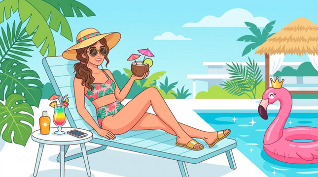 Stylish woman in floral bikini and sunhat lounging poolside with tropical drinks and flamingo floatie