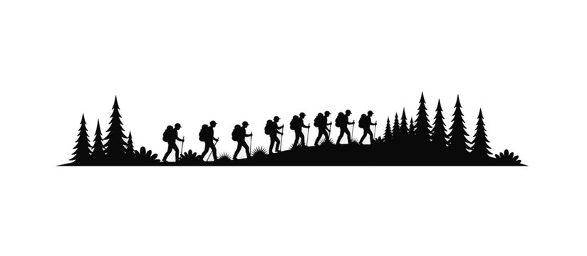 Black silhouette vector illustration of campers hiking on a forest trail. Group of backpackers in nature. Isolated on transparent background