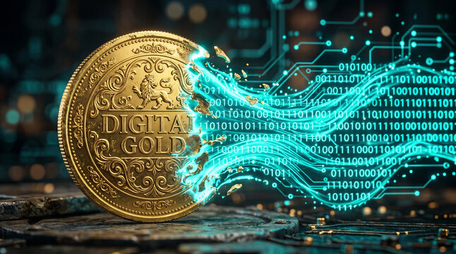 Physical Gold Coin Transitioning into Digital Binary Code