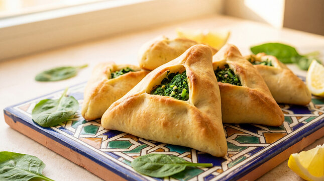 Freshly baked spinach fatayer triangles on decorative ceramic plate with herbs