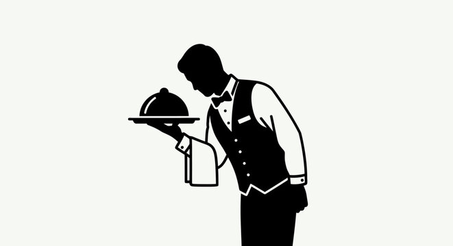 Black and white silhouette of a professional waiter serving a dish with a cloche.