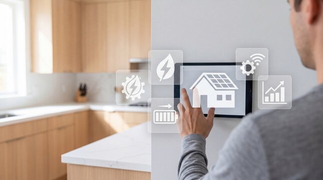 Modern smart home energy management system on tablet, man controlling solar panels and battery storage in kitchen, sustainable technology concept, green energy monitoring app