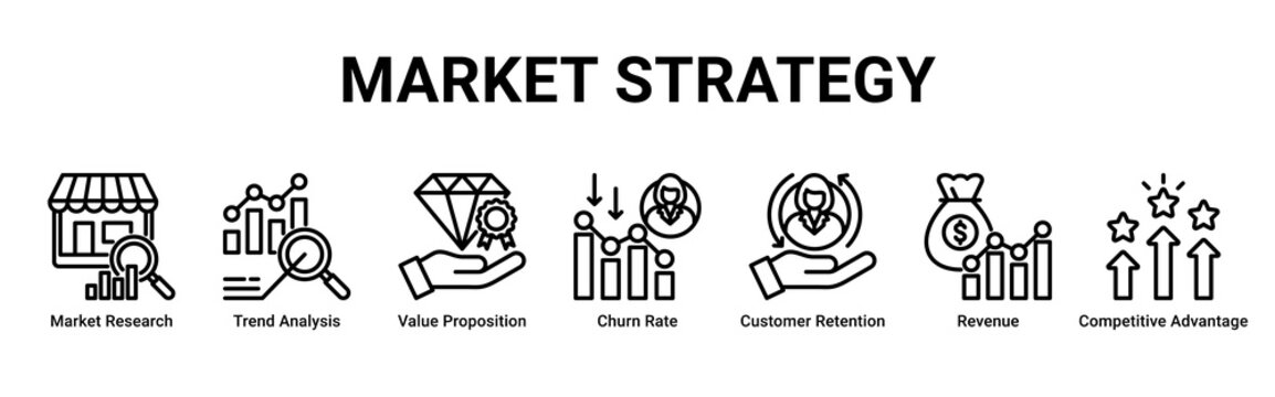Market Strategy web banner icon vector illustration with Market Research, Trend Analysis, Value Proposition, Churn Rate, Customer Retention, Revenue and Competitive Advantage