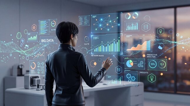 Futuristic big data analytics dashboard, business intelligence graphs and charts, predictive analysis network nodes, financial market trends visualization