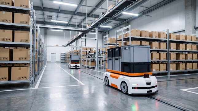 Autonomous robots moving goods in smart warehouse, automated logistics system with self-driving vehicles transporting cargo boxes on shelves for efficient supply chain and
