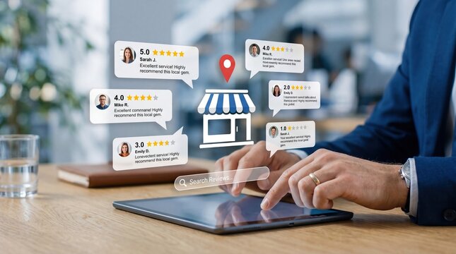 Customer reviews and star rating concept on tablet screen, online feedback management, local business reputation, search engine optimization, social proof marketing, and consumer