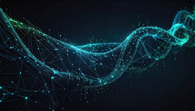 An intricate luminous digital network wave, glowing with interconnected data points and representing futuristic technology concepts.