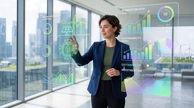 Business woman analyzing sustainability metrics and renewable energy adoption charts on transparent screen, business growth graph, ROI investment data, green technology icons,