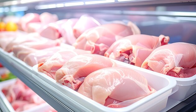 A close-up view of raw chicken thighs on display