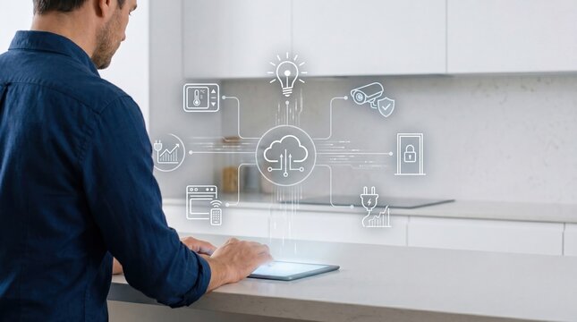 Man using tablet to control smart home automation system, cloud computing network connecting security camera, door lock, thermostat, lighting, appliances, energy monitoring, IoT