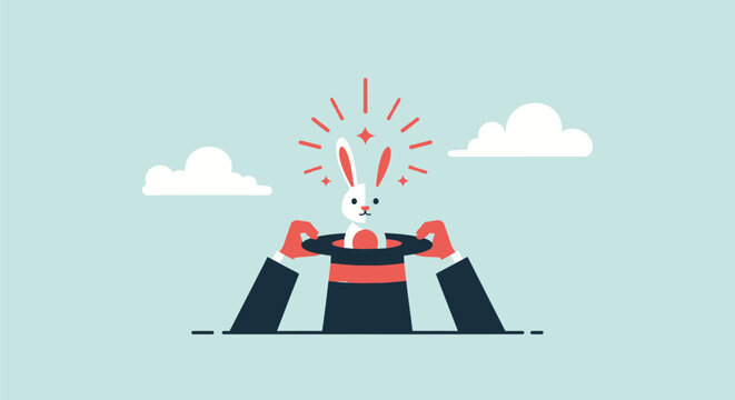 Magician hands pulling a cute white rabbit out of a black top hat.