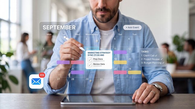 Businessman interacting with futuristic transparent calendar interface on tablet, planning marketing strategy meeting and tasks for September, digital schedule organizer with