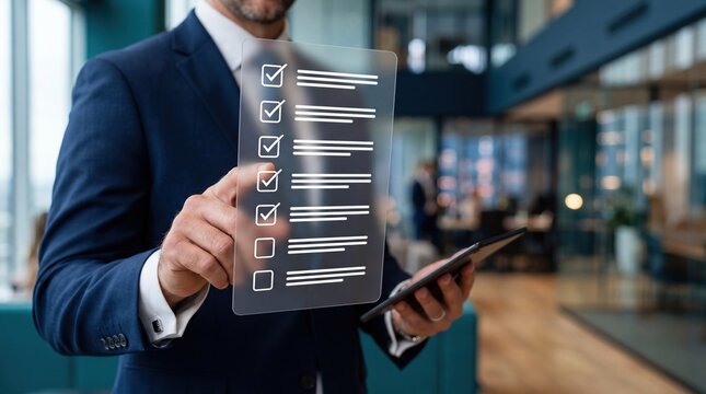 Professional businessman holding tablet and checking off items on a virtual transparent checklist screen, completing tasks and goals, symbolizing project management, quality