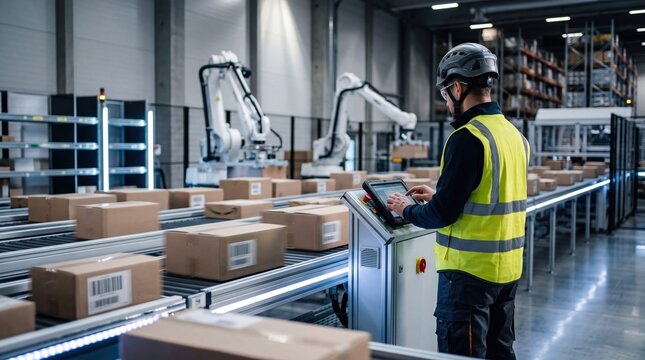 Industrial worker controlling automated robotic arms in modern warehouse, logistics and supply chain management, smart factory automation, packaging conveyor belt system, future