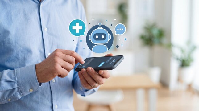 Man using smartphone with AI chatbot assistant, medical health consultation app interface, artificial intelligence technology for customer service support and virtual doctor