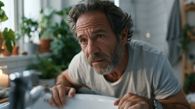 A man in his 40s with myasthenia gravis struggling with muscle weakness during morning routine in a bright bathroom, gripping sink for support
