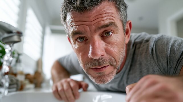 A man in his 40s with myasthenia gravis struggling with muscle weakness during morning routine in a bright bathroom, gripping sink for support