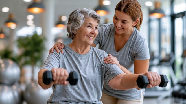 A myasthenia gravis patient doing guided physiotherapy session with a professional physical therapist in a modern rehabilitation clinic, patient performing gentle resistance exercises