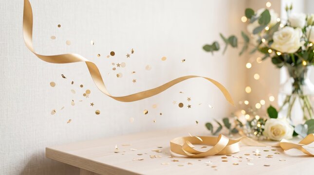 Elegant gold ribbon and falling confetti on wooden table, festive celebration background with white roses and bokeh lights, luxury party decor