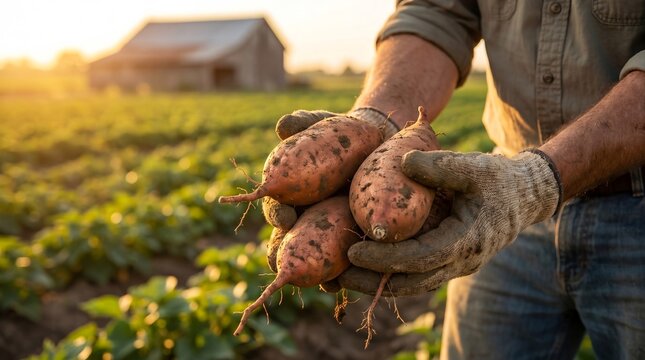 Farmer holding freshly harvested sweet potatoes at sunset on organic farm